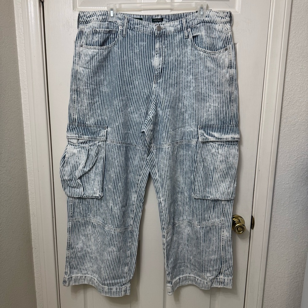 Wild Fable Women 17R Blue White Railroad Striped Baggy Cargo Jeans Straight Wide